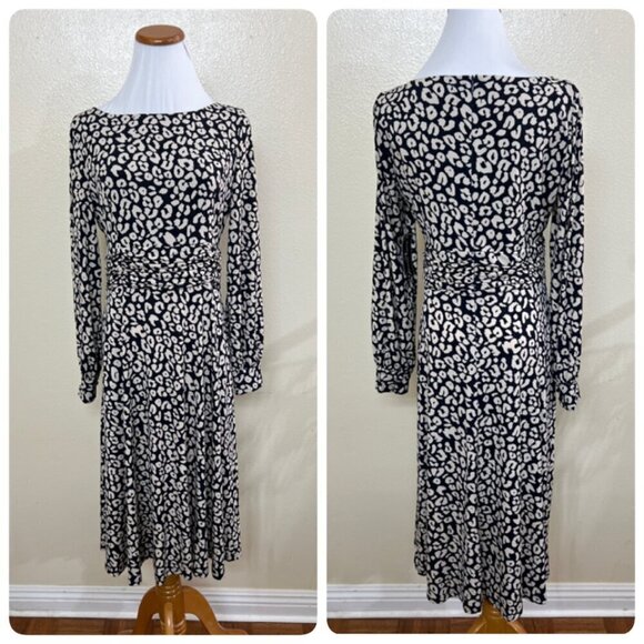 Jessica Howard Women's Ruched Midi Jersey Dress 10P Leopard Print - Picture 2 of 13